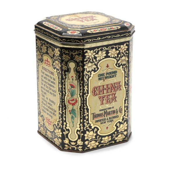 Vintage Daher Tea Tin Thomas Martin & Co China Tea Container Floral Black Gold - Picture 10 of 10